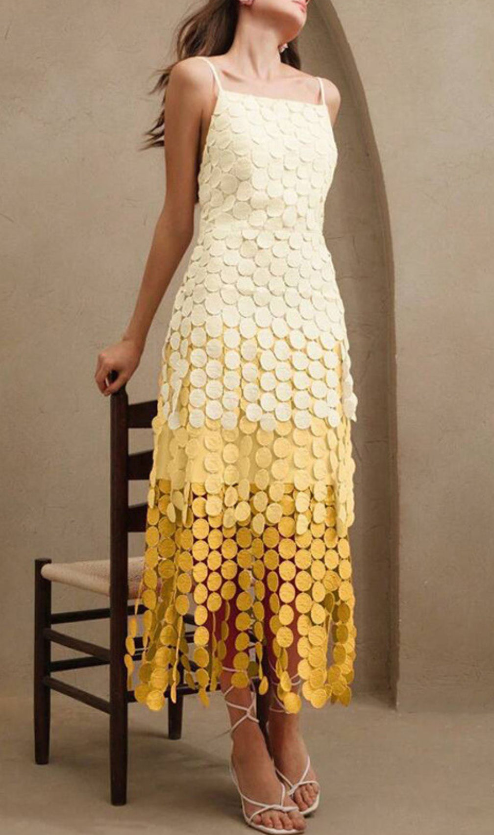 Vibrant Ham Ombre Yellow Layered Circle Midi Dress | Strappy & Chic for Special Occasions