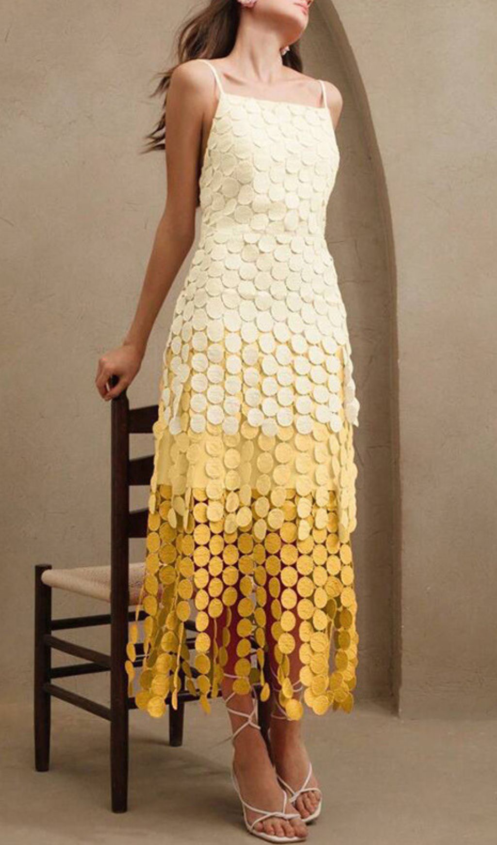 Vibrant Ham Ombre Yellow Layered Circle Midi Dress | Strappy & Chic for Special Occasions