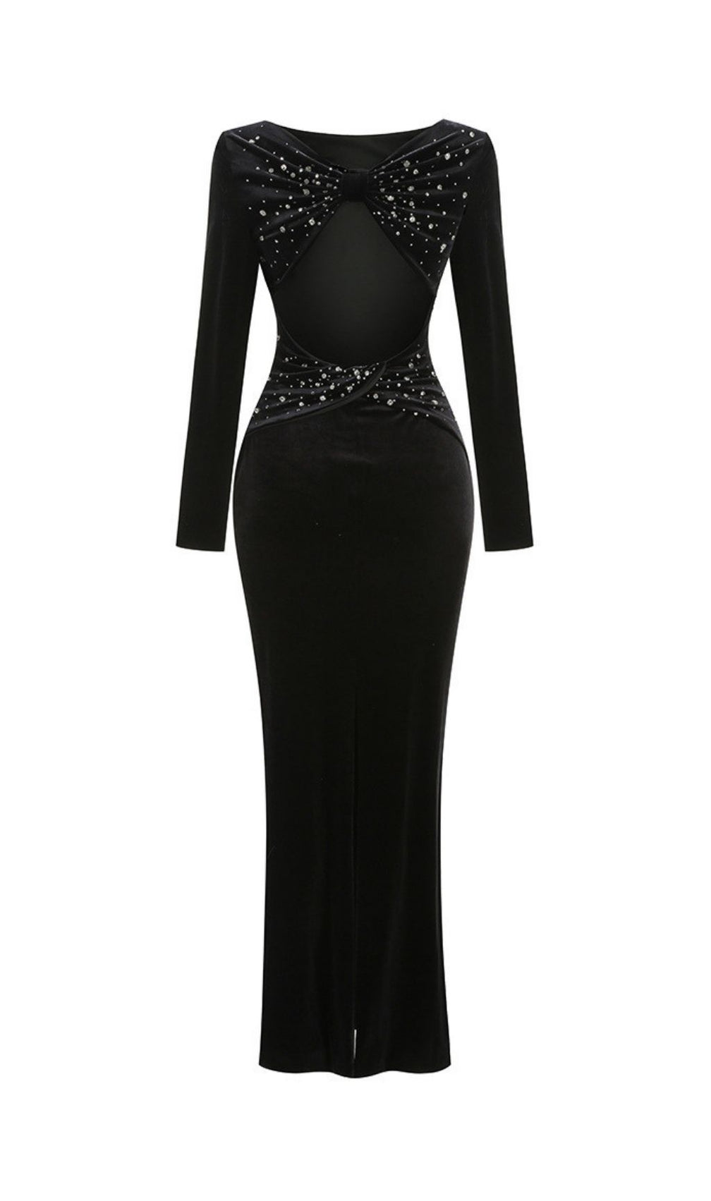 Kayslee Black Velvet Maxi Dress - Long Sleeve, Diamante Backless Gown