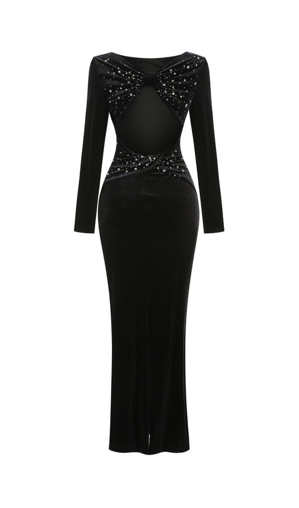 Kayslee Black Velvet Maxi Dress - Long Sleeve, Diamante Backless Gown