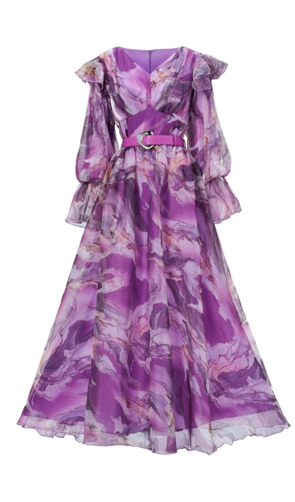 Feya Purple V-Neck Printed Long Sleeve Maxi Dress