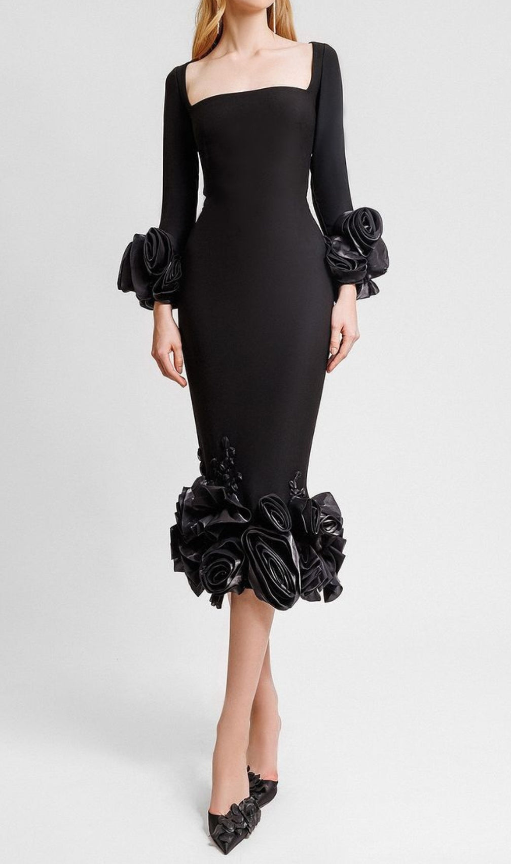 Catlin Black Flower Bandage Midi Dress