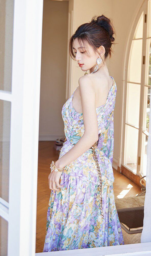 Dolores French Floral One-Shoulder Cutout Maxi Dress with High Slit – Elegant Summer Style