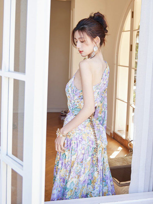 Dolores French Floral One-Shoulder Cutout Maxi Dress with High Slit – Elegant Summer Style