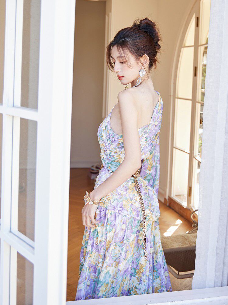 Dolores French Floral One-Shoulder Cutout Maxi Dress with High Slit – Elegant Summer Style