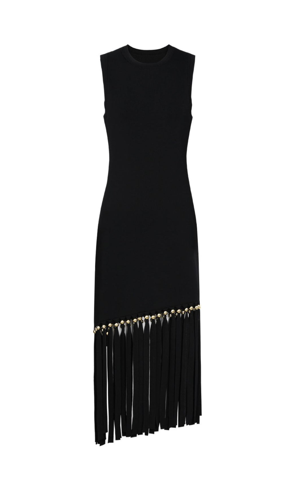 Chic Black Sleeveless Knit Midi Dress with Gilded Tassel Fringe
