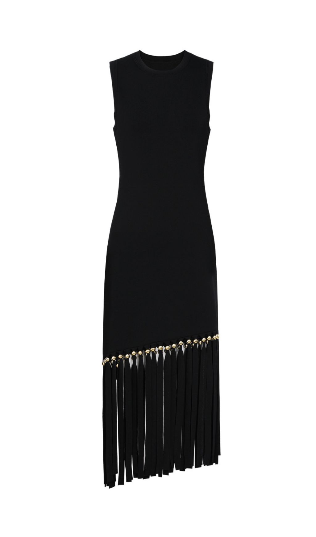 Chic Black Sleeveless Knit Midi Dress with Gilded Tassel Fringe
