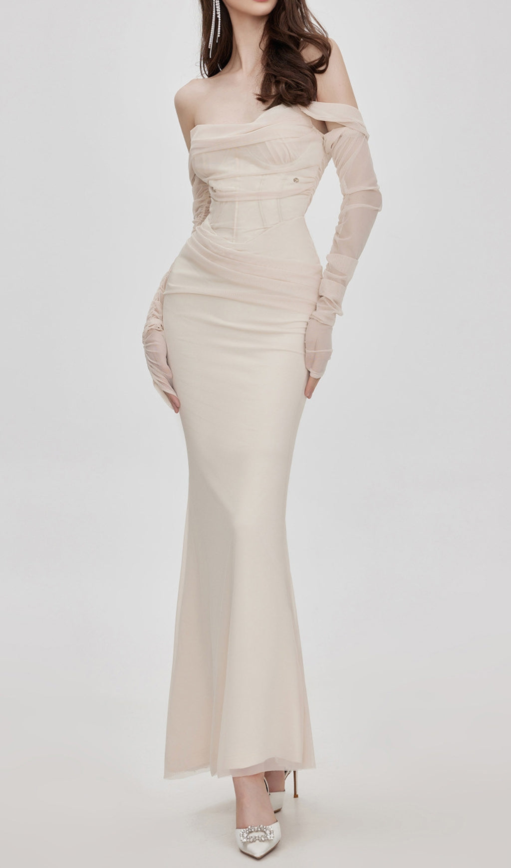 Beba Apricot Off Shoulder Mesh Maxi Dress