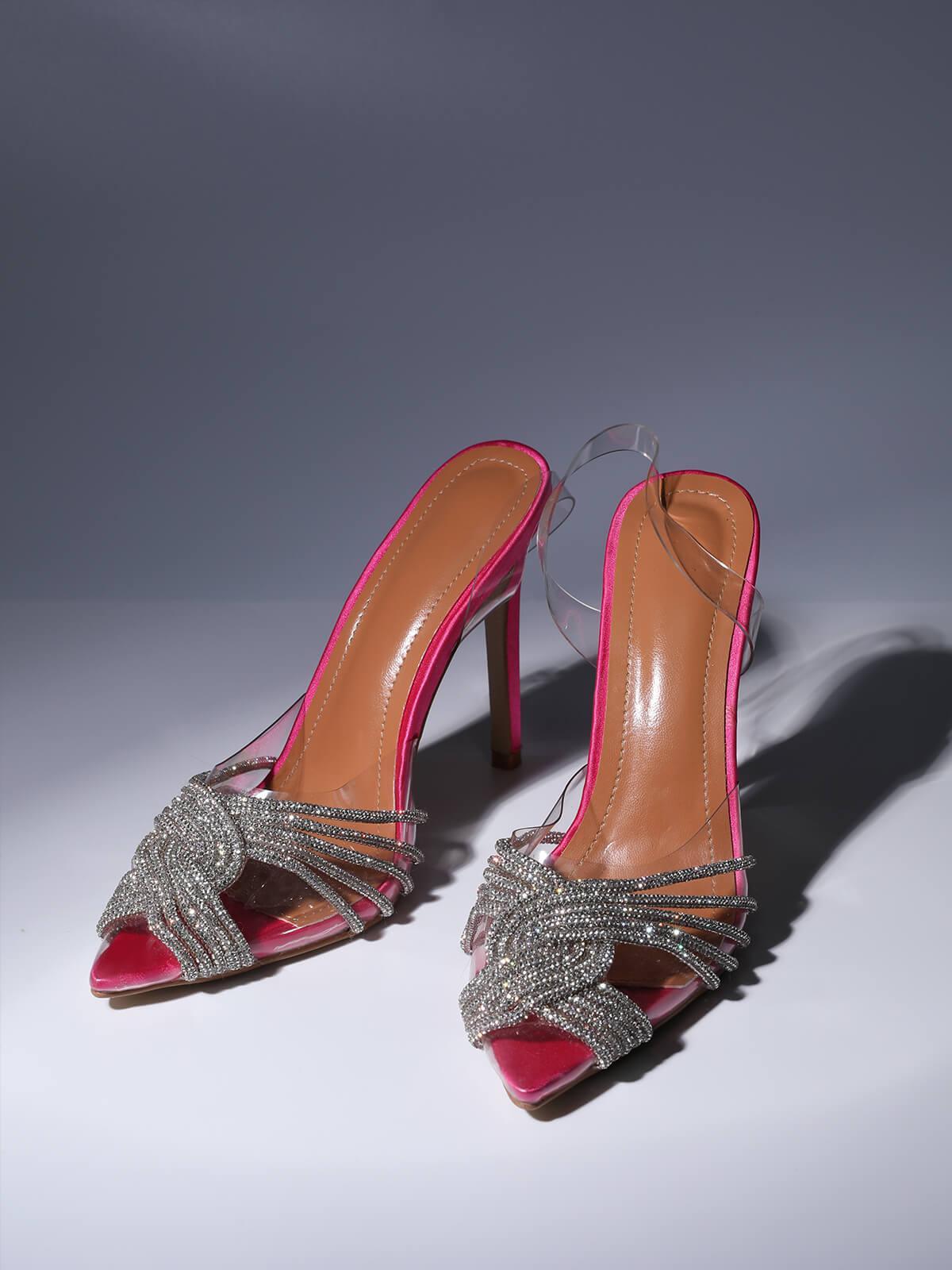 Crystal Embellished Sandals In Hot Pink