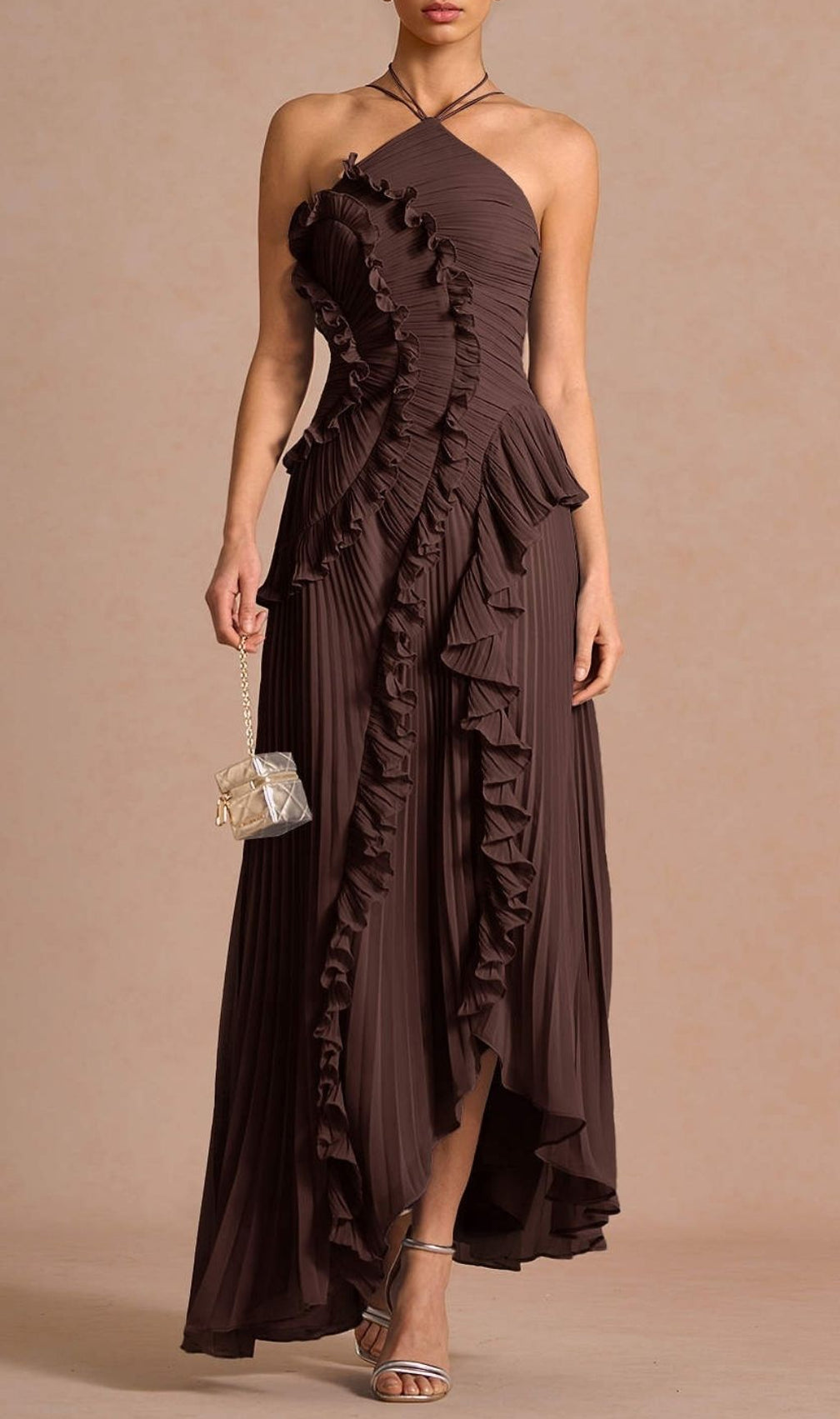 Finneas Brown Halter Pleated Maxi Dress: Ruffled Grecian Glamour