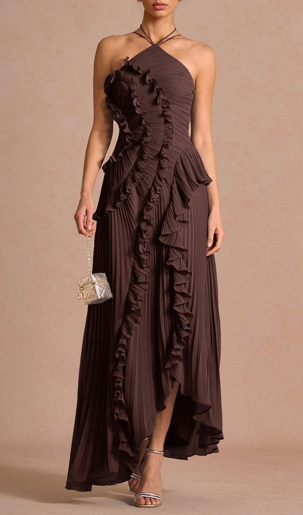 Finneas Brown Halter Pleated Maxi Dress: Ruffled Grecian Glamour