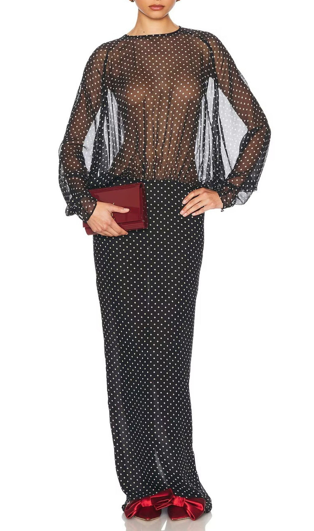 Chic Sheer Polka Dot Long Sleeve Maxi Dress - Black