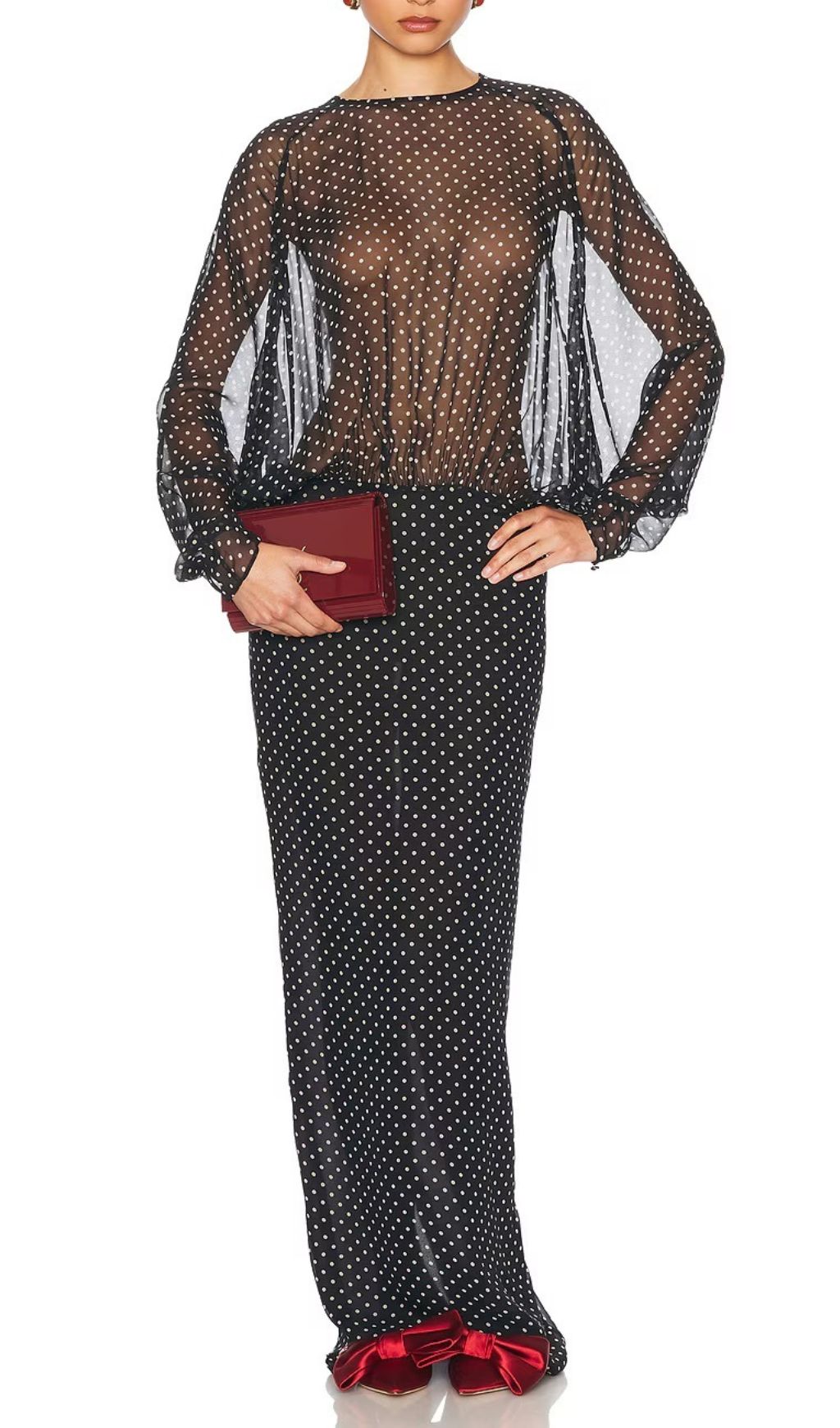 Chic Sheer Polka Dot Long Sleeve Maxi Dress - Black