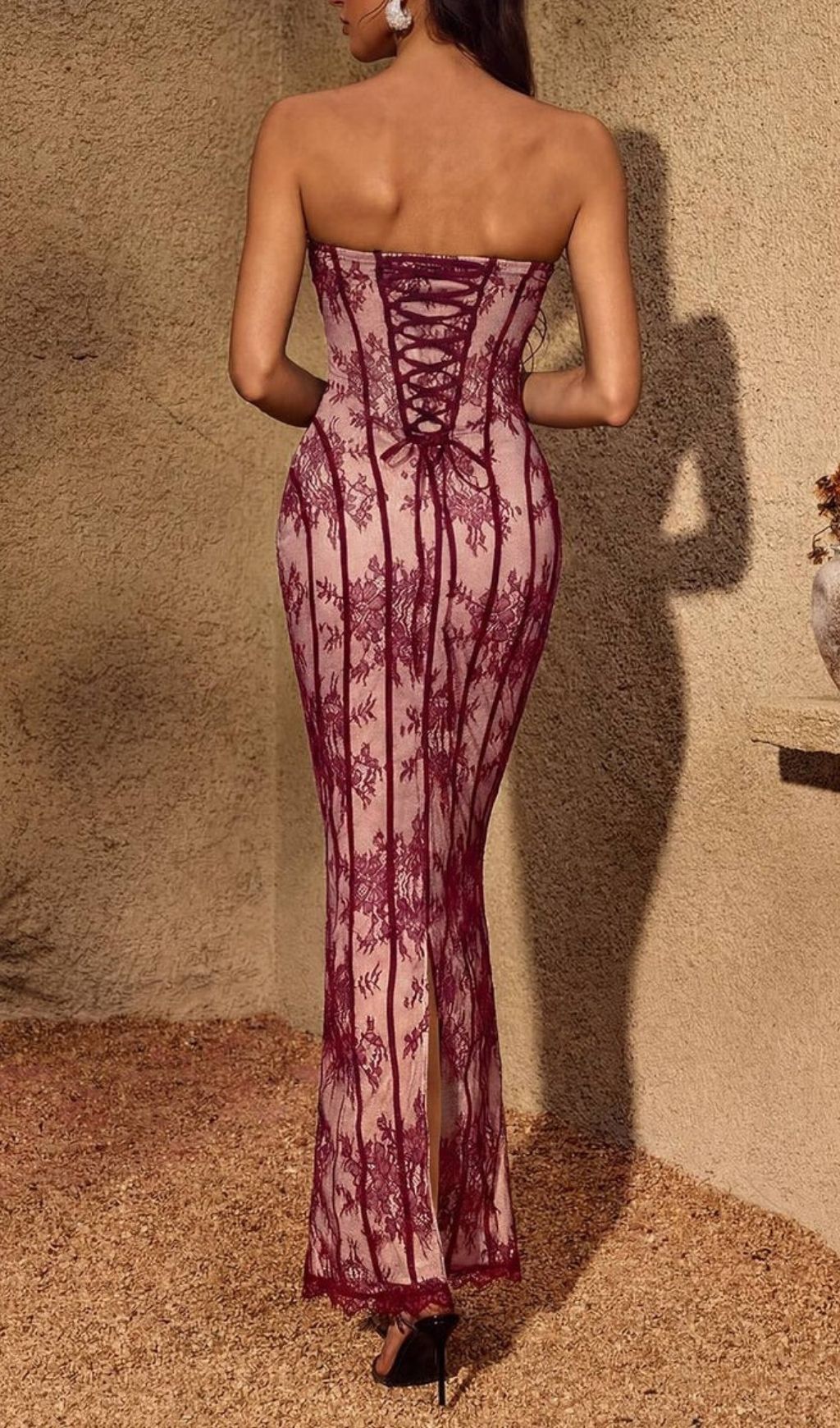 Chalina Elegant Strapless Lace Maxi Dress - Wine Red Gown