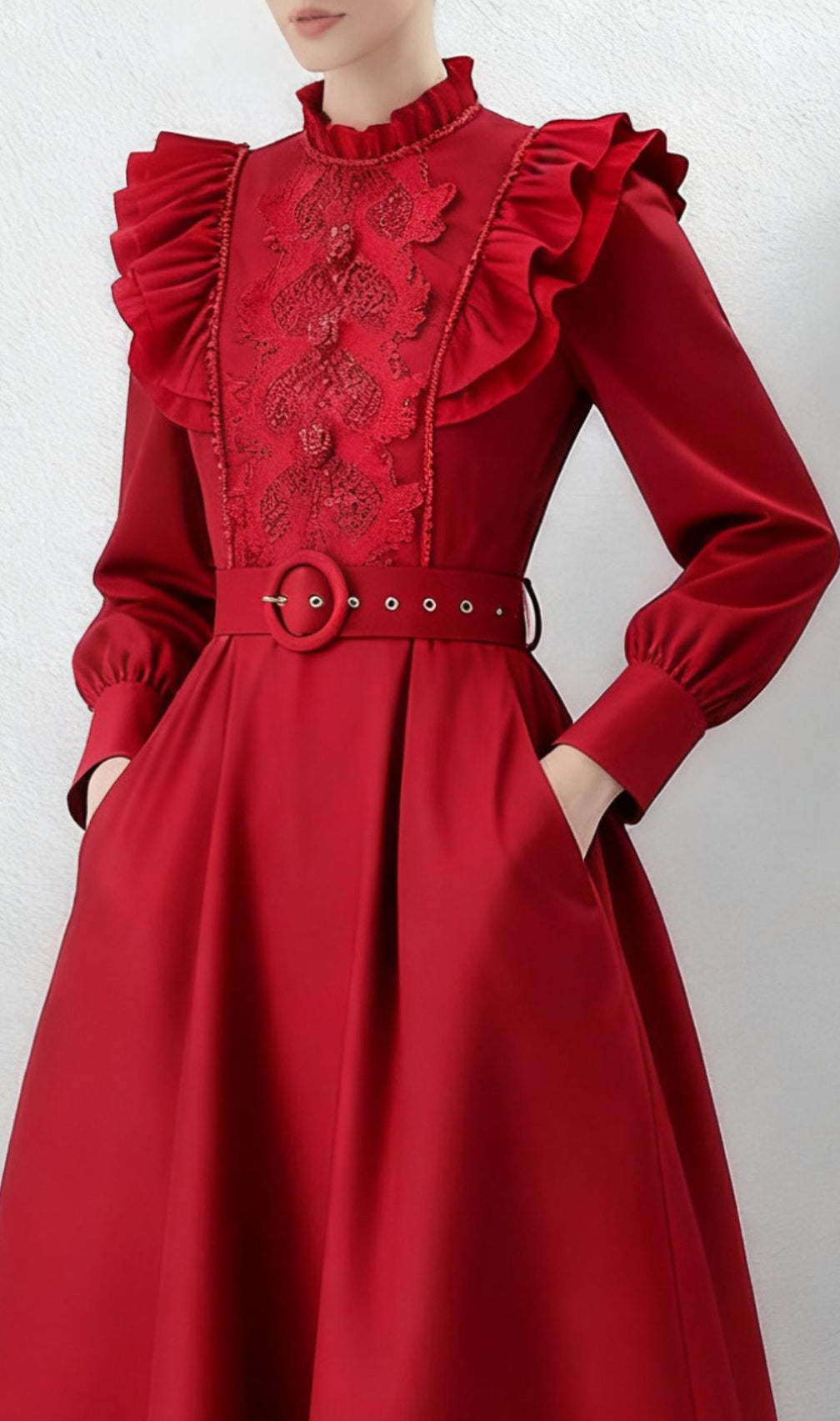 Ieuan Regal Red Ruffled & Embroidered Long Sleeve Maxi Dress with Pockets