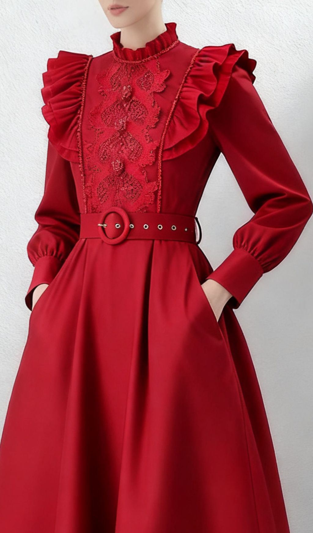 Ieuan Regal Red Ruffled & Embroidered Long Sleeve Maxi Dress with Pockets