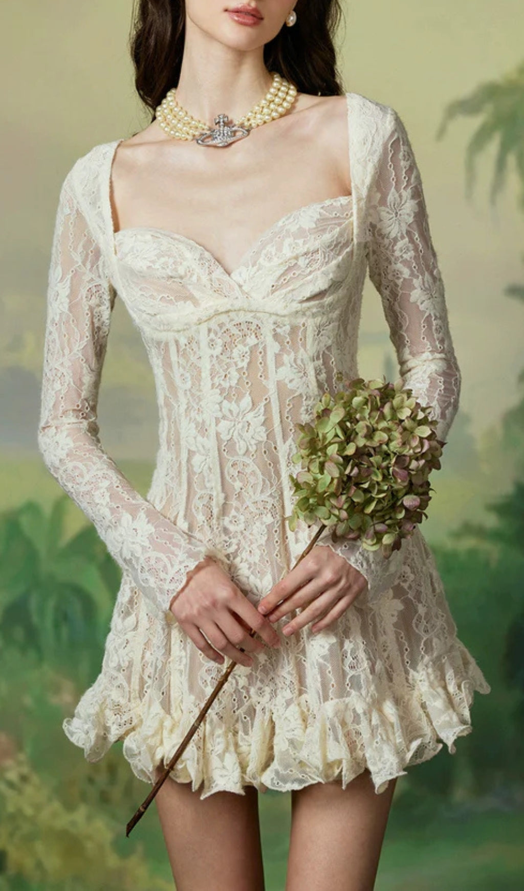 Laura Lace Waist-Cinched Long Sleeve Dress