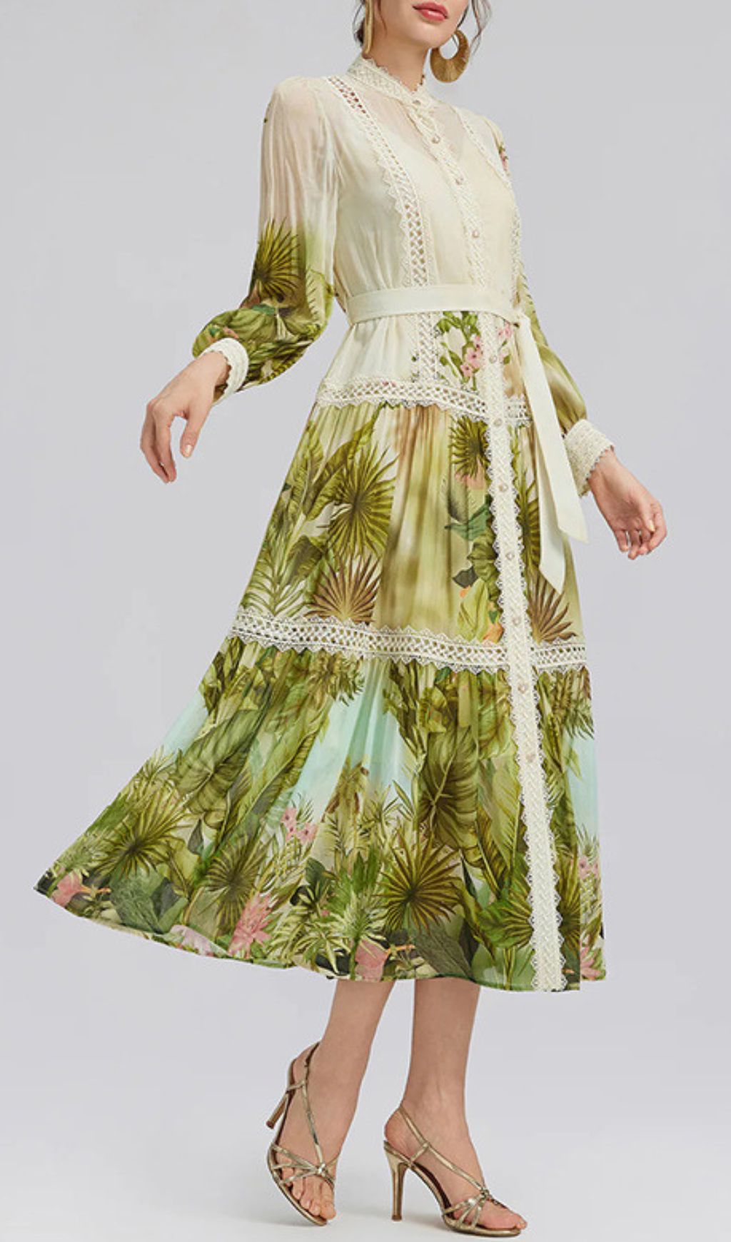 Elegant Tropical Hibiscus Print Tiered Midi Dress with Lace & Tie-Waist