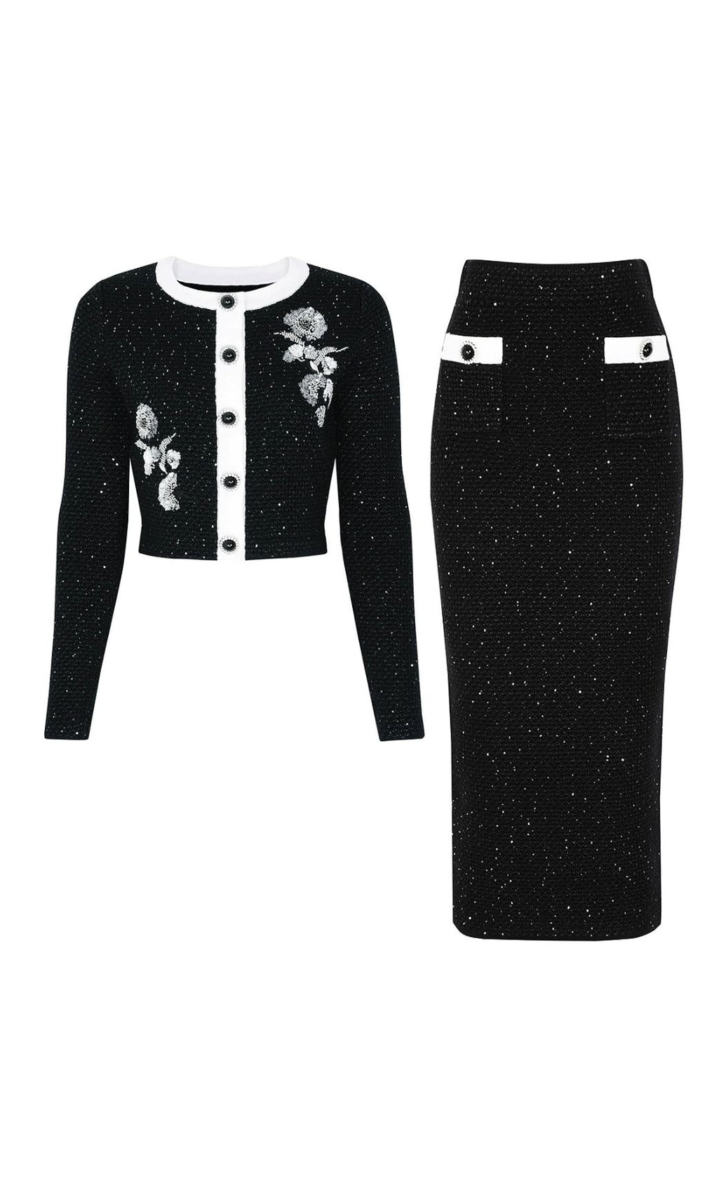 Chic Black Sparkle Tweed-Knit Cardigan & Pencil Skirt Set