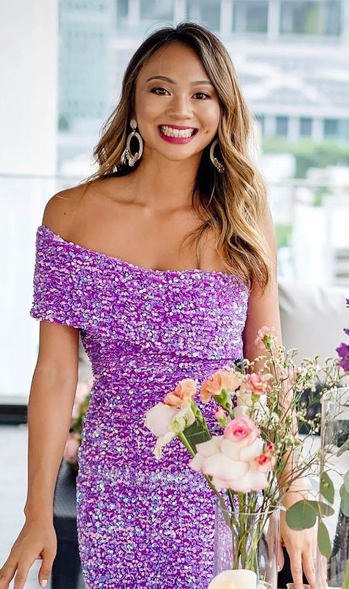 Purple One Shoulder Backless Sequin Midi Dress