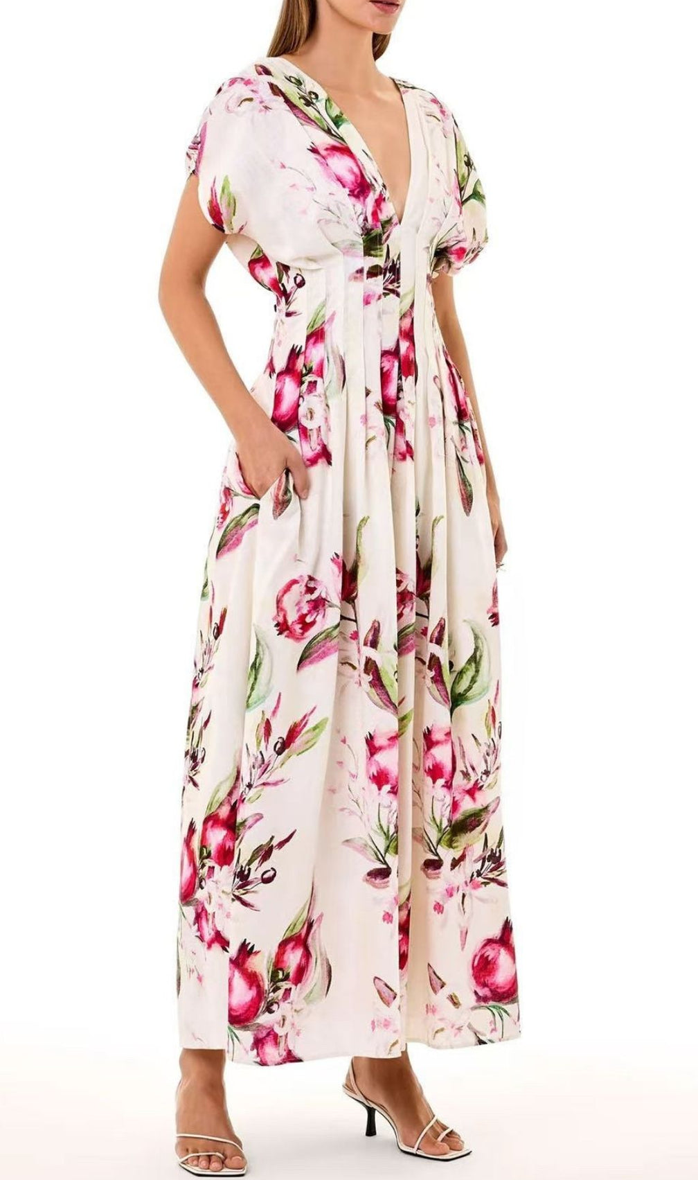 Sonya Pleated Floral Print Maxi Dress in White