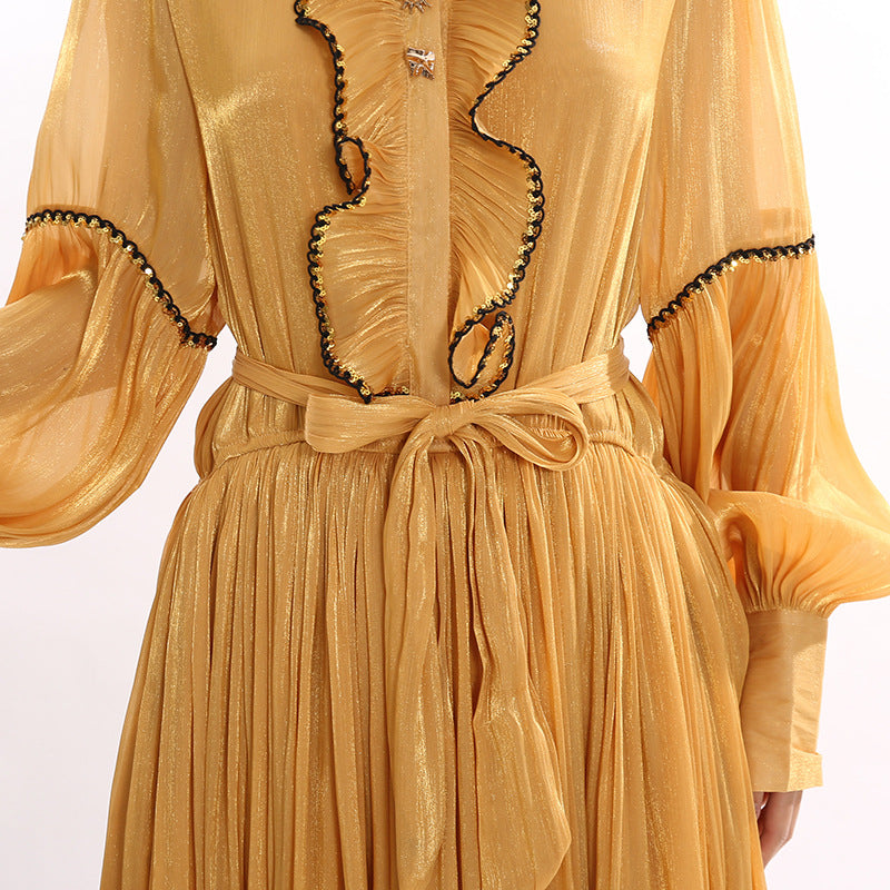 Jeseray Golden Yellow Pleated Maxi Dress | Elegant Long Sleeve Ruffle Gown for Women