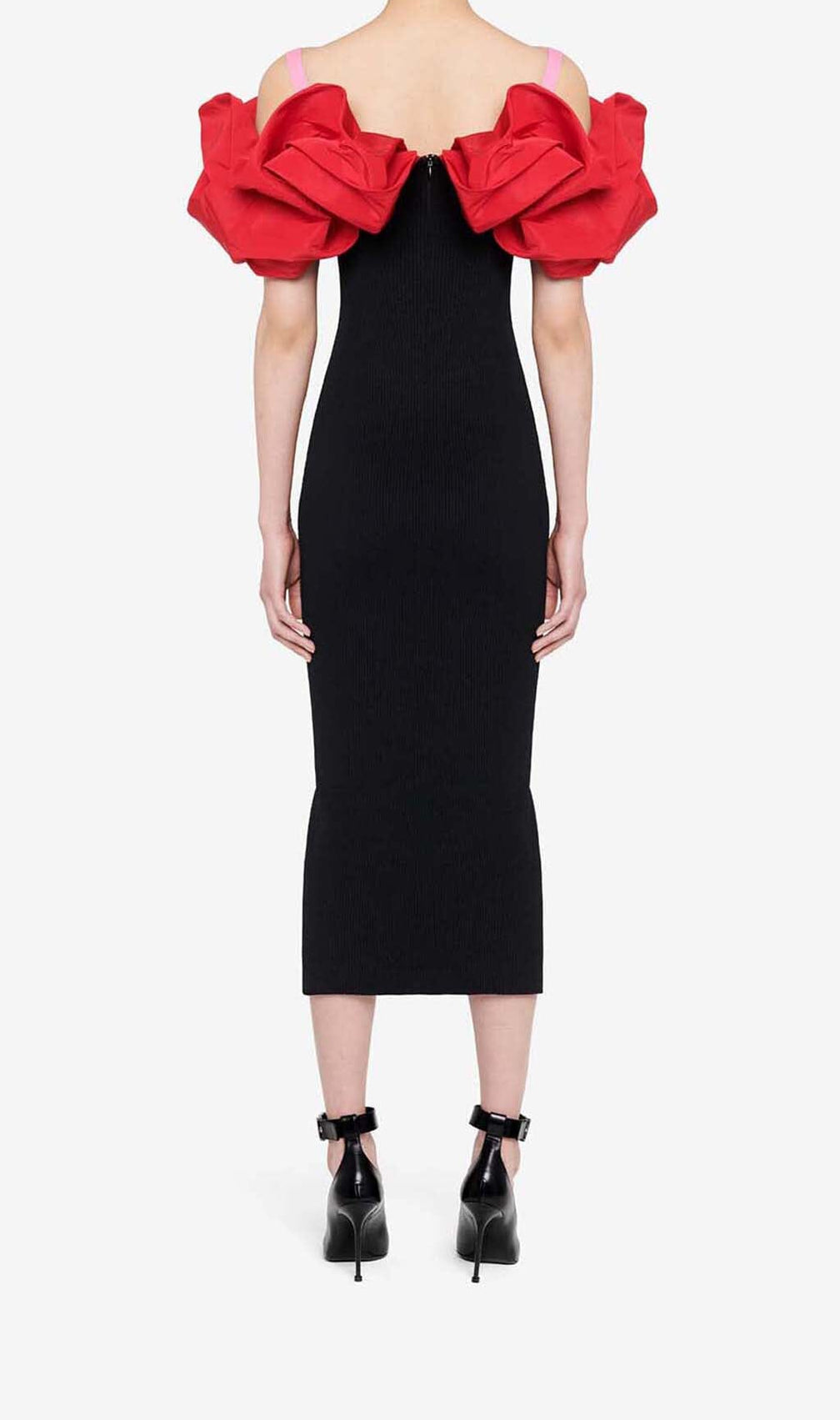 Ruffled Pencil Midi Dress In Black