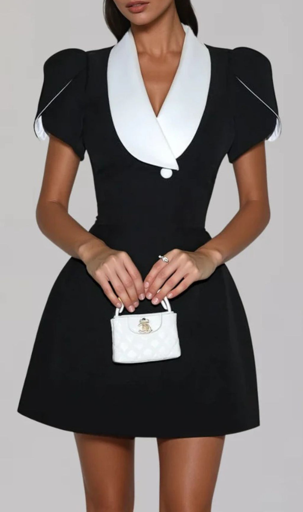 Vrythia Chic Contrast Collar Satin Mini Dress - Elegant Cap Sleeve