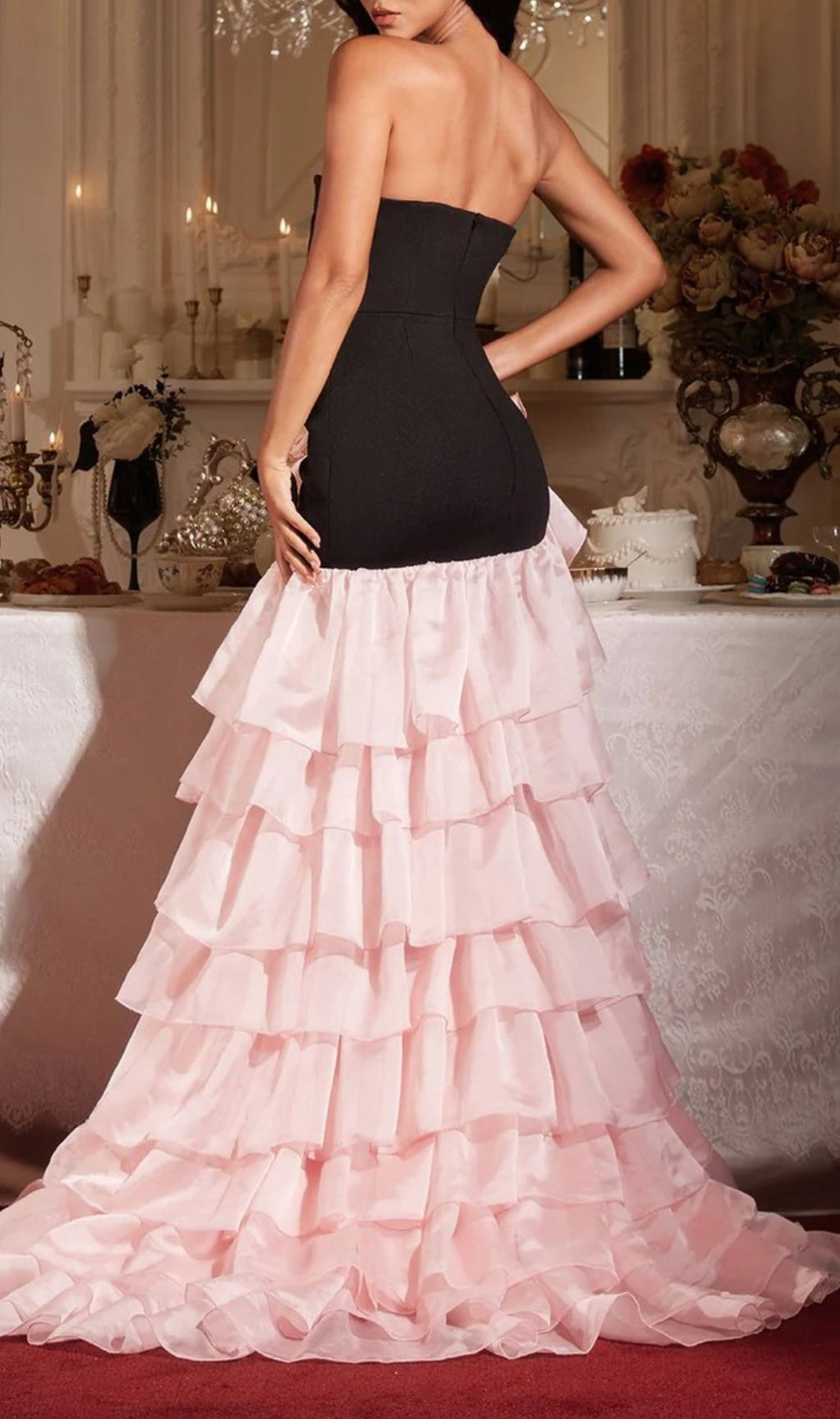 Showstopping Filib Strapless Flower Ruffle Tiered Maxi Gown with High Slit