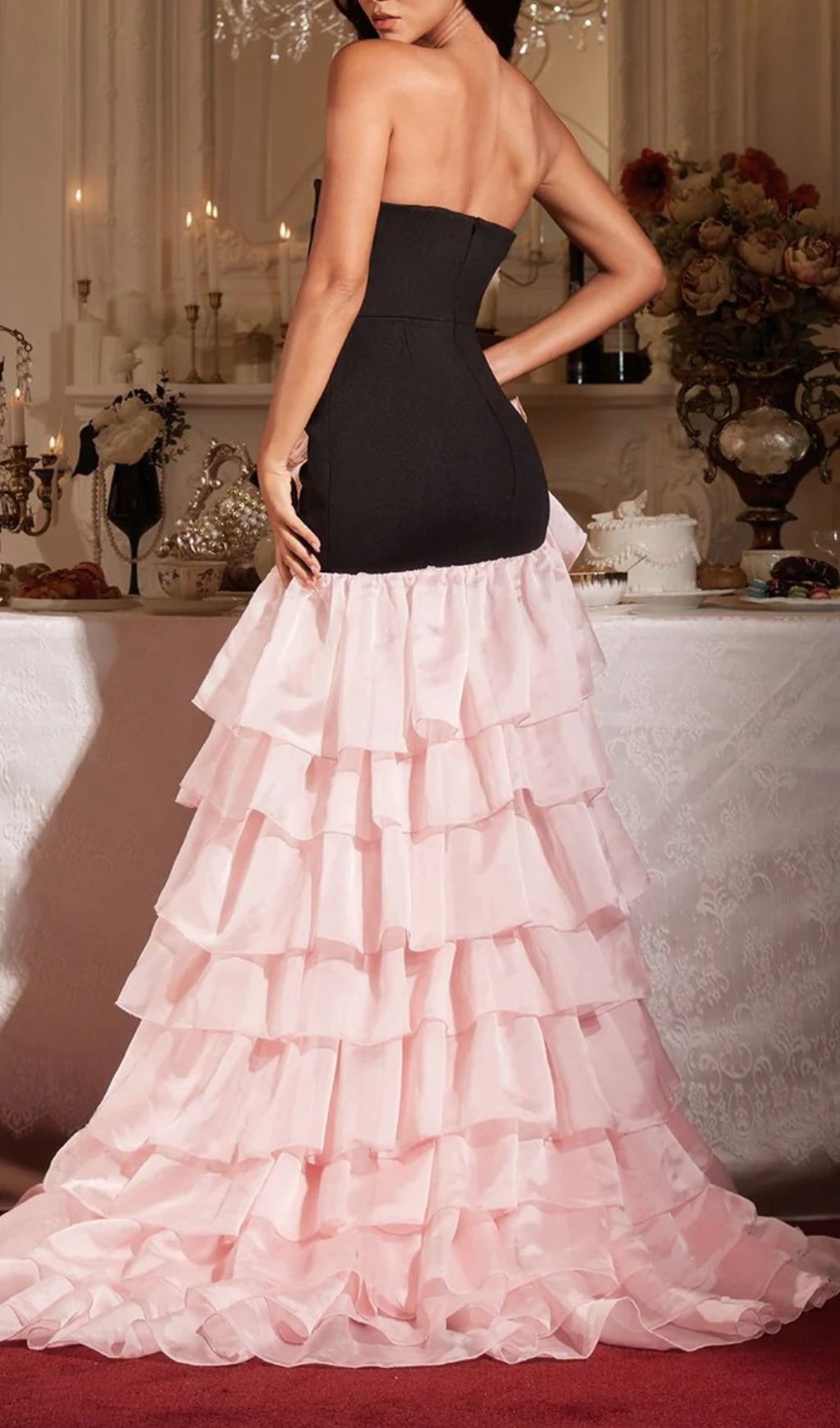 Showstopping Filib Strapless Flower Ruffle Tiered Maxi Gown with High Slit
