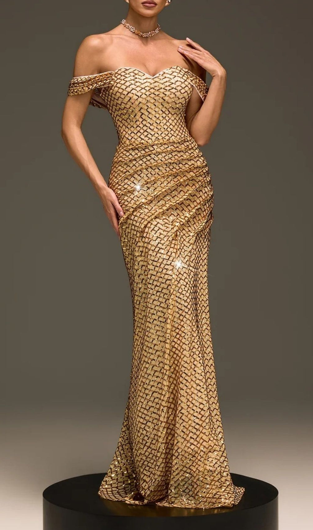 Glein Dazzling Gold Sequin Off-Shoulder Maxi Gown with Dramatic Slit