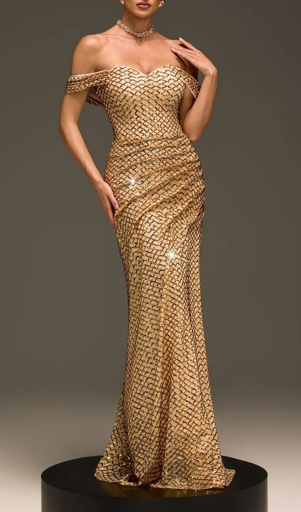 Glein Dazzling Gold Sequin Off-Shoulder Maxi Gown with Dramatic Slit