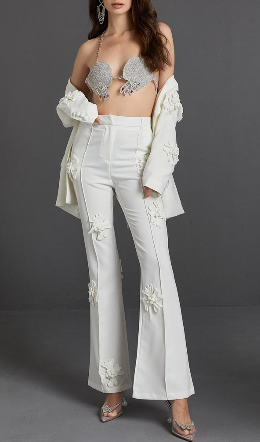 Acedia White Stereo Flower Mid-Rise Pants