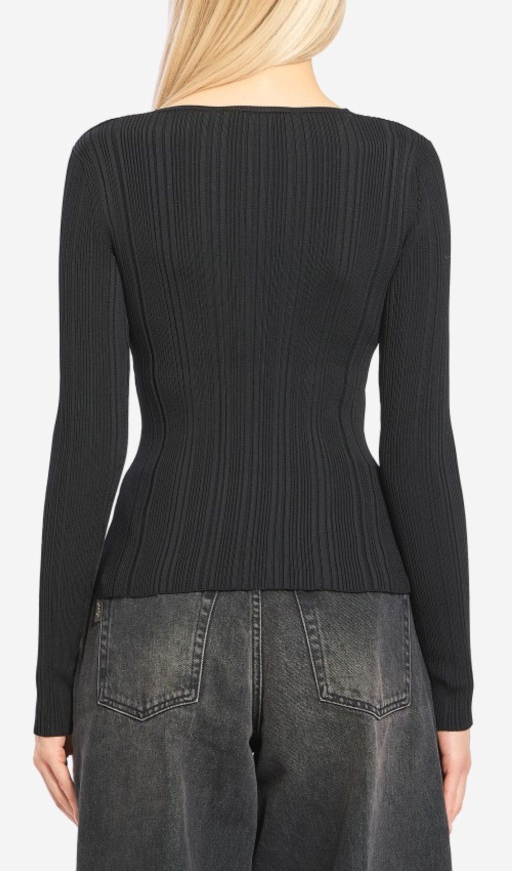 Hulda Black V-Neck Lace Ribbed Knit Top | Chic Women's Sweater