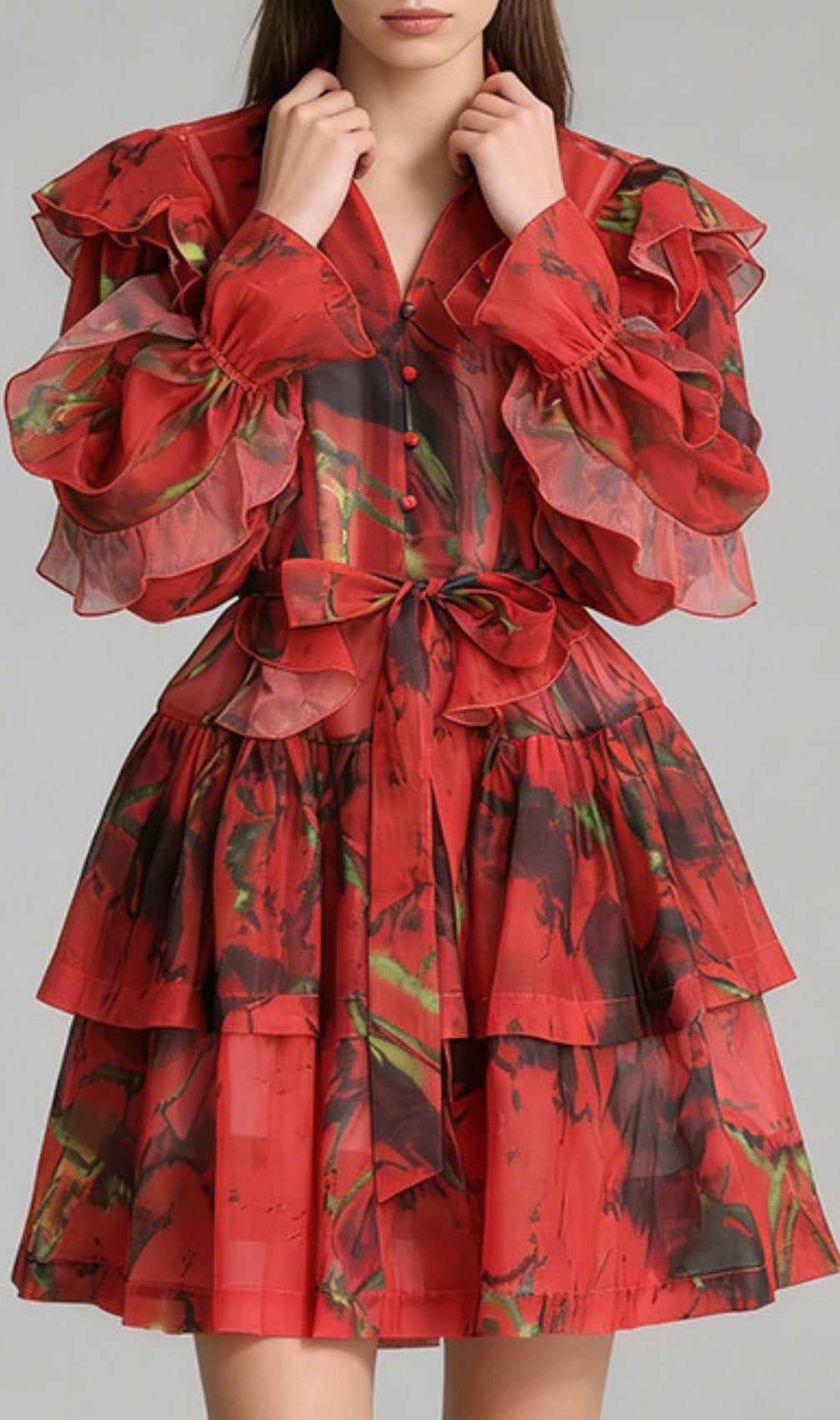 Kabibe Bold Red Floral Ruffle Mini Dress – Long Sleeve Statement Piece