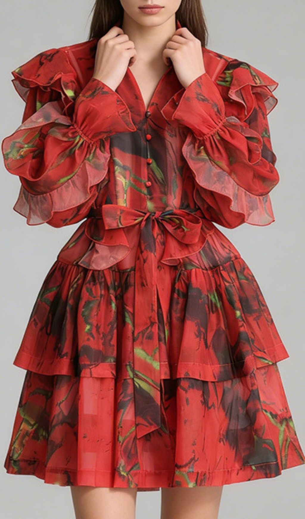 Kabibe Bold Red Floral Ruffle Mini Dress – Long Sleeve Statement Piece