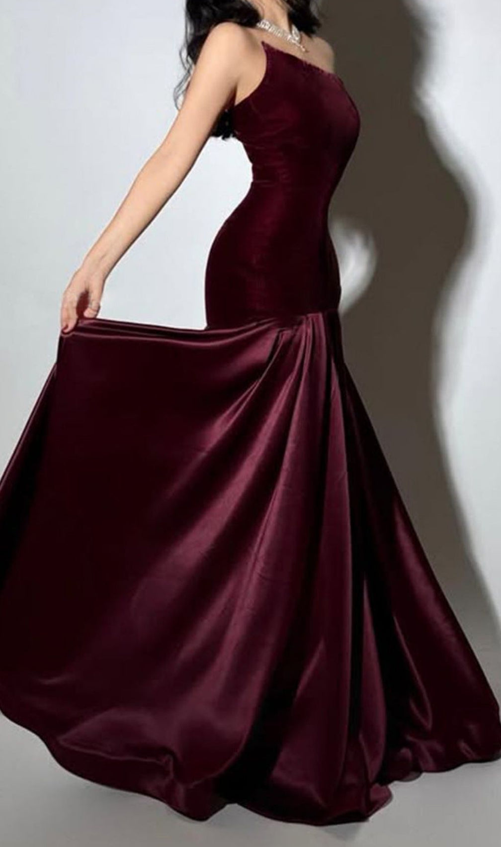 Tiffany Irregular Splicing Strapless Maxi Dress - Burgundy