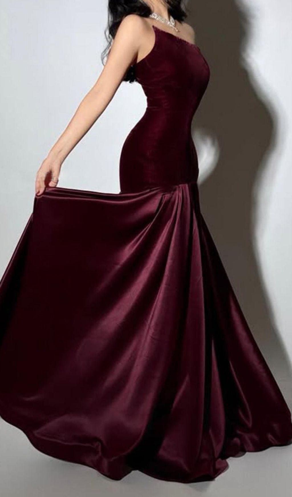 Tiffany Irregular Splicing Strapless Maxi Dress - Burgundy