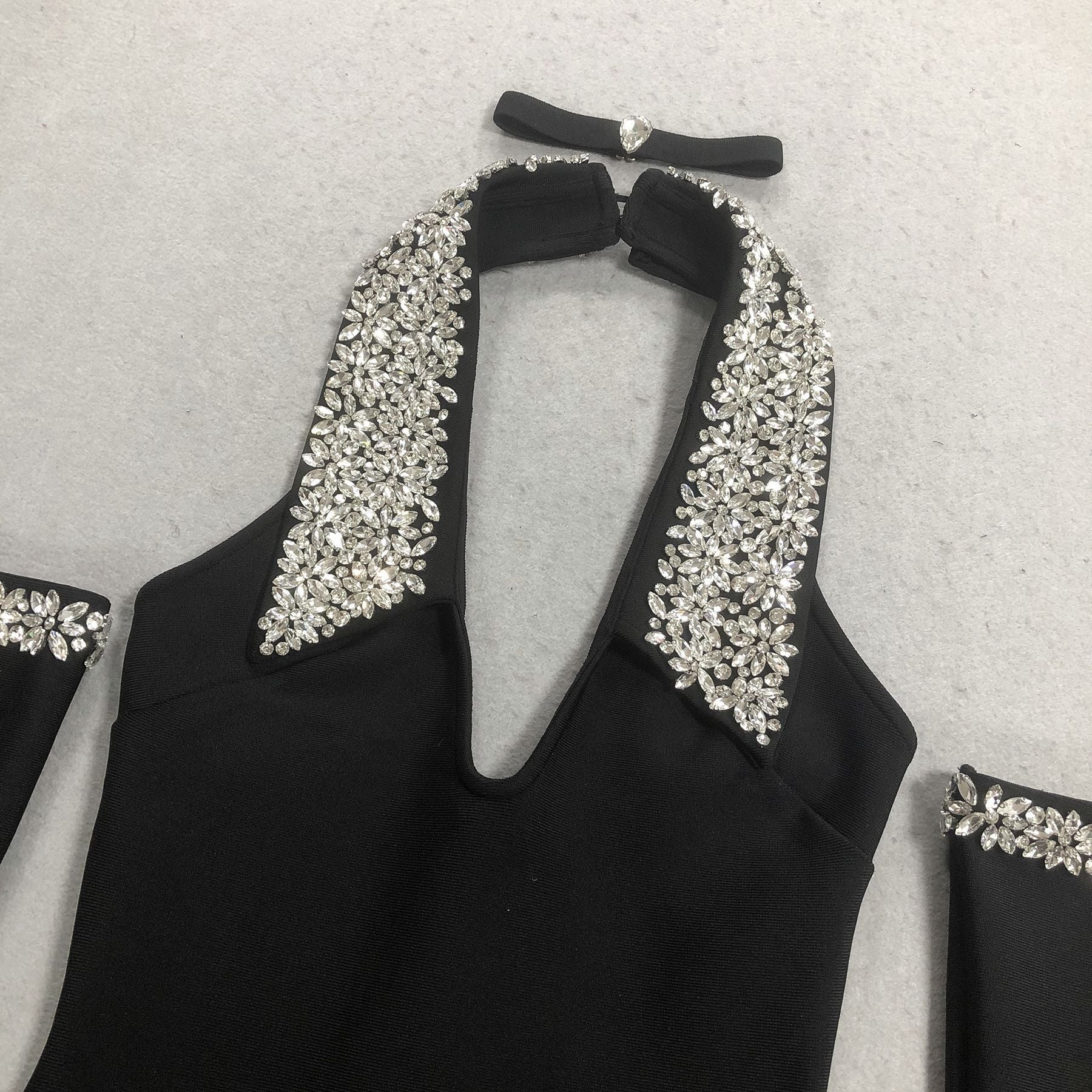 Jeneal Black Halter Diamante Midi Bandage Dress