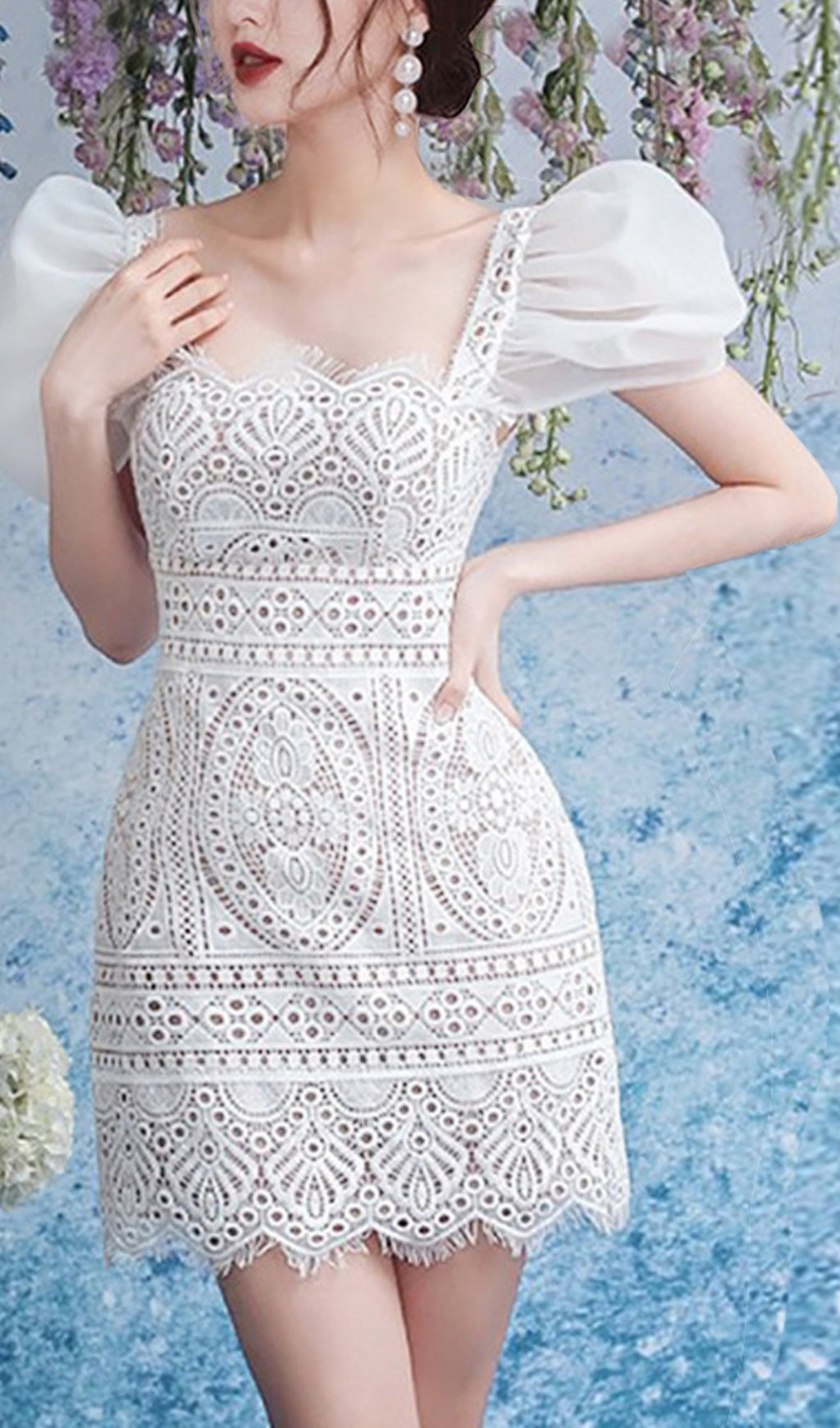 Retro Puff Sleeve Lace Mini Dress