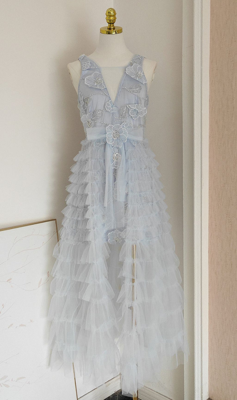 Fedella Flower Sequin Beaded Mesh Maxi Dress