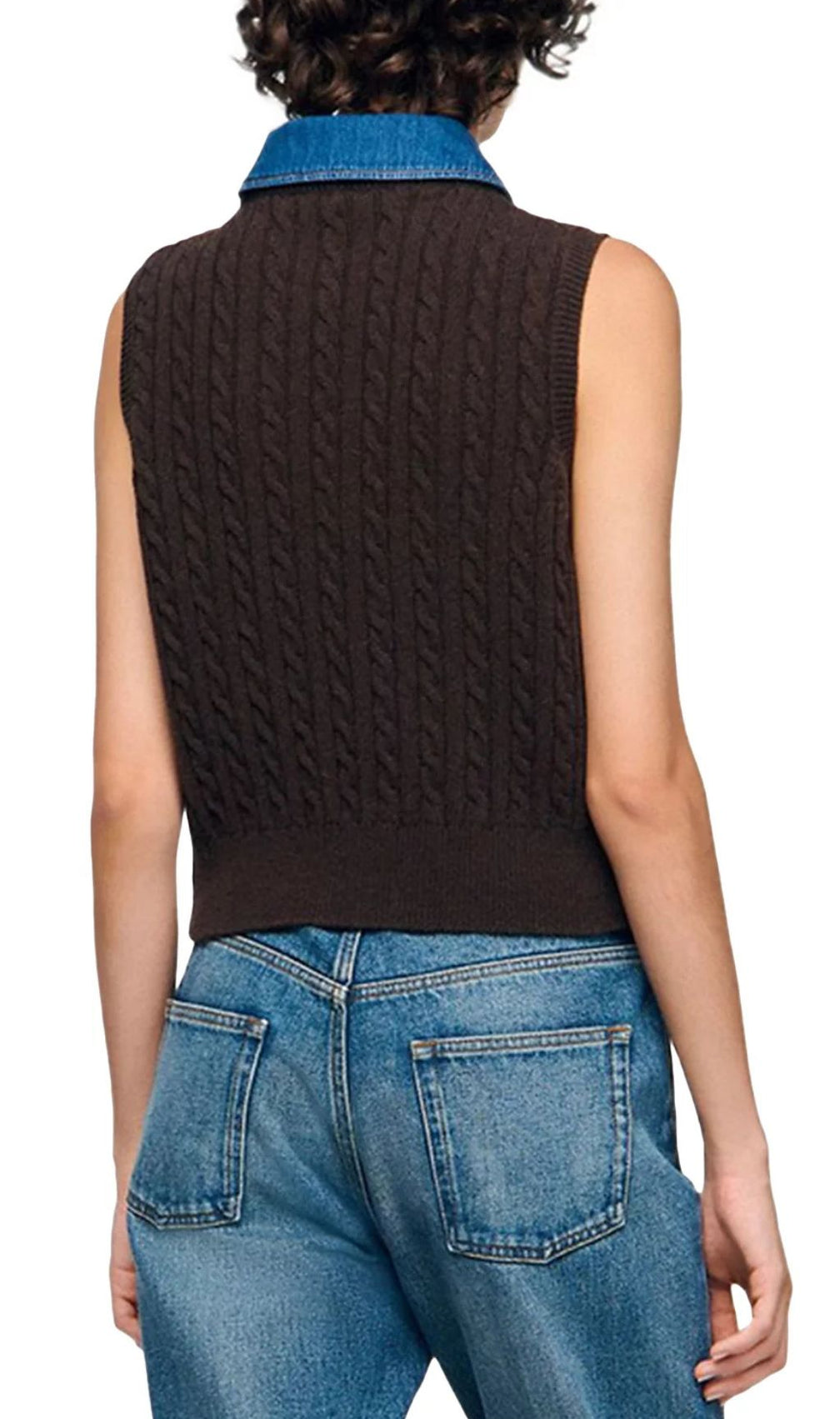 Chic Denim Collar Cable Knit Sleeveless Sweater Vest for Women