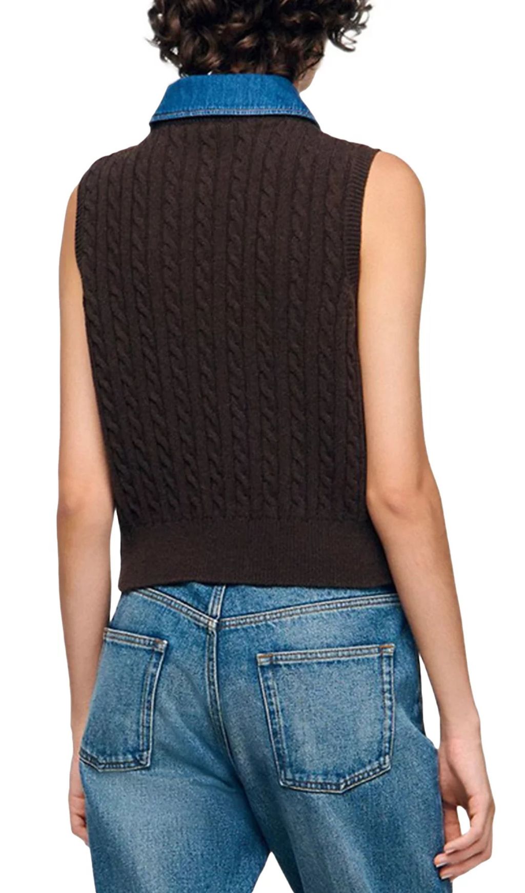Chic Denim Collar Cable Knit Sleeveless Sweater Vest for Women