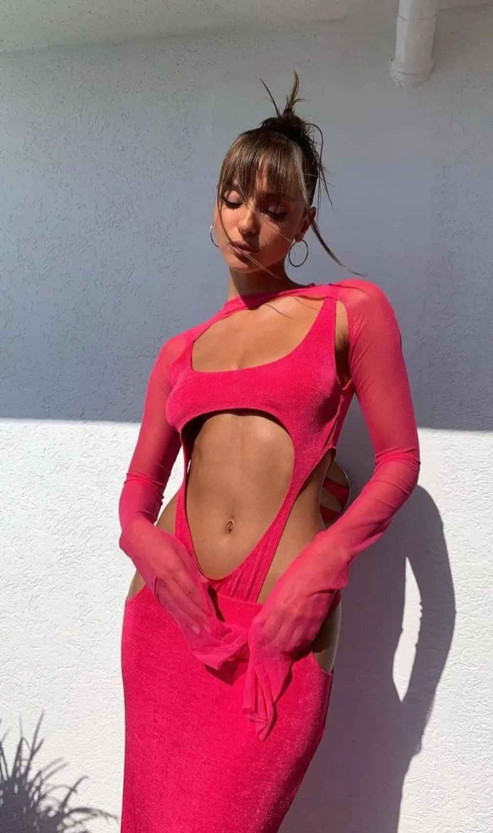 Cut Out Hip Wrap Midi Dress In Pink