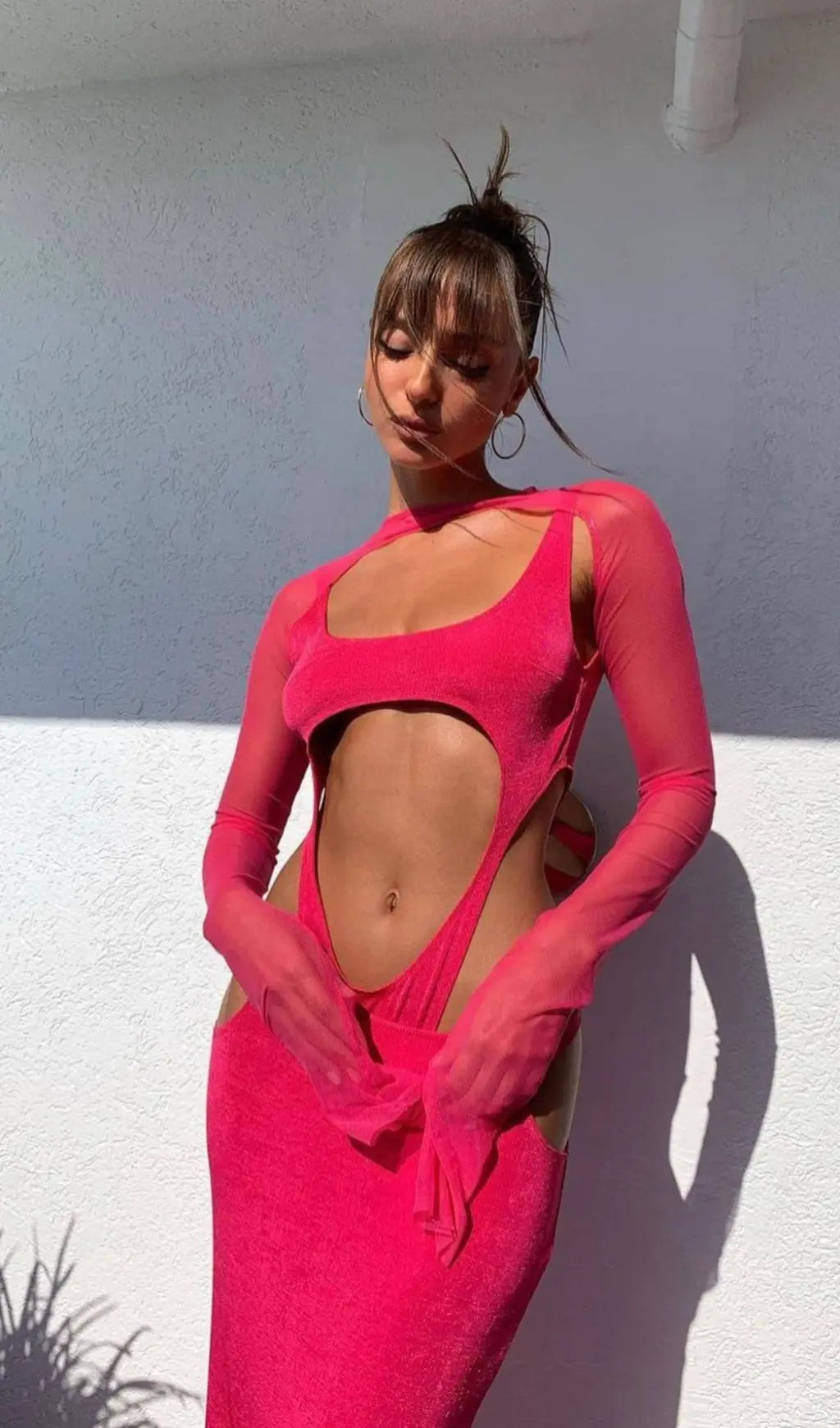 Cut Out Hip Wrap Midi Dress In Pink