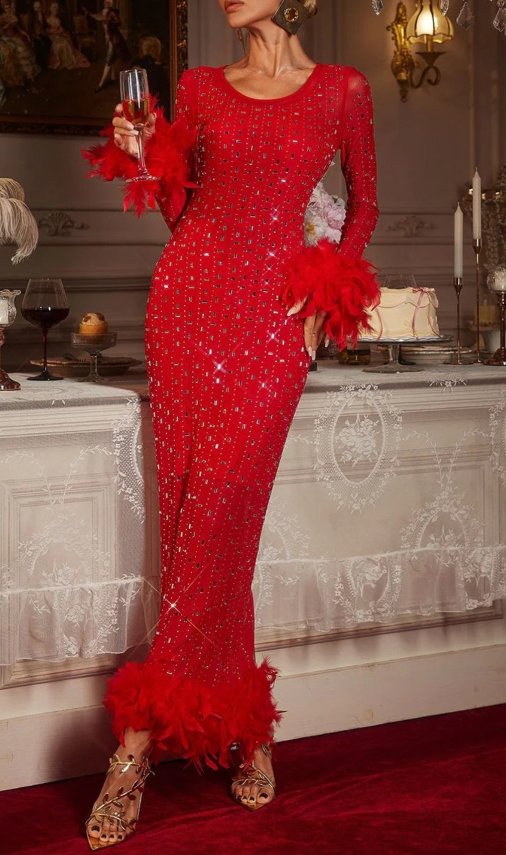 Chardea Rhinestone Feather Mesh Maxi Dress