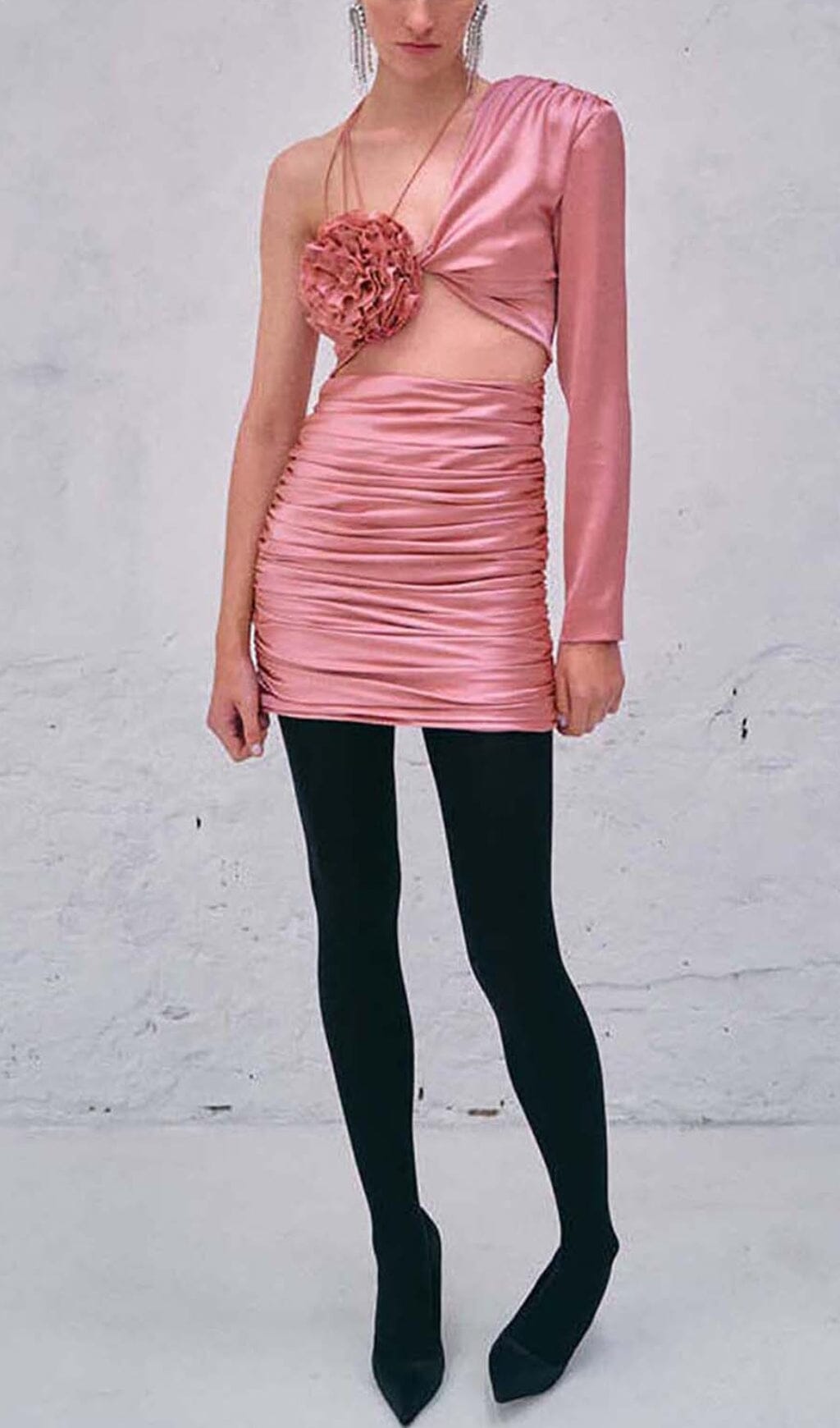 Floral One Shoulder Satin Mini Dress In Pink