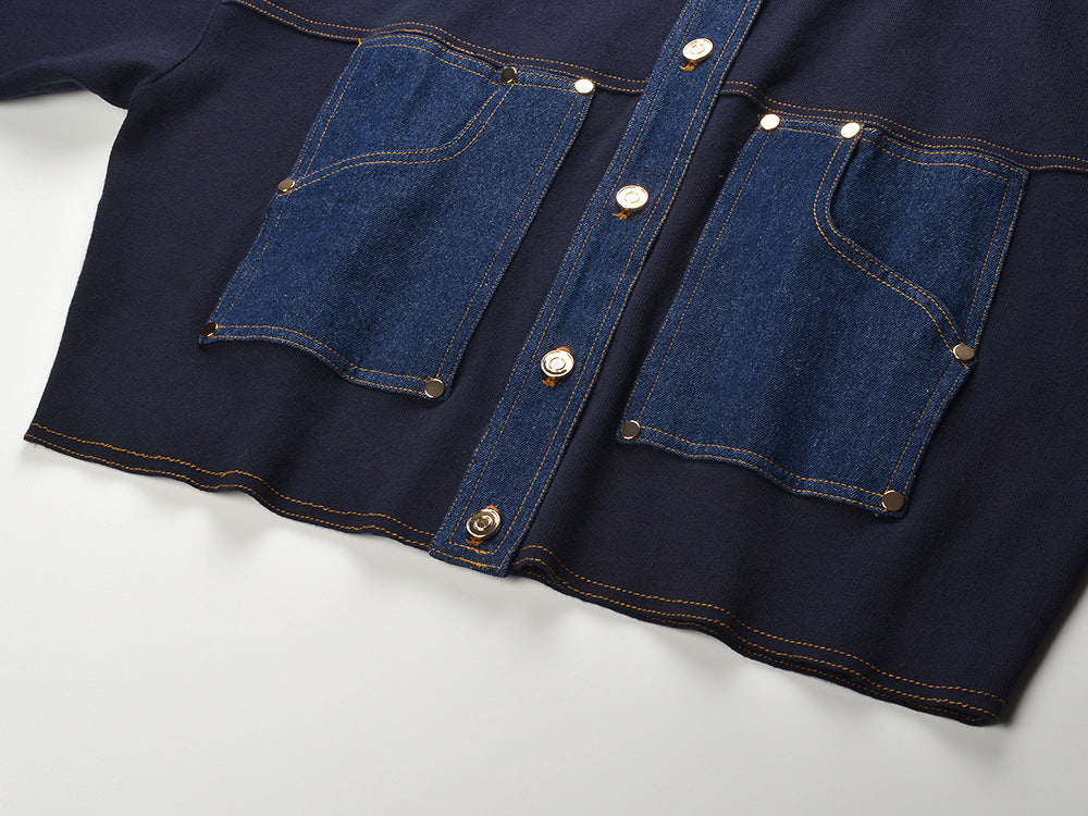 Chic Two-Tone Denim & Knit Blend Cardigan Jacket for Women