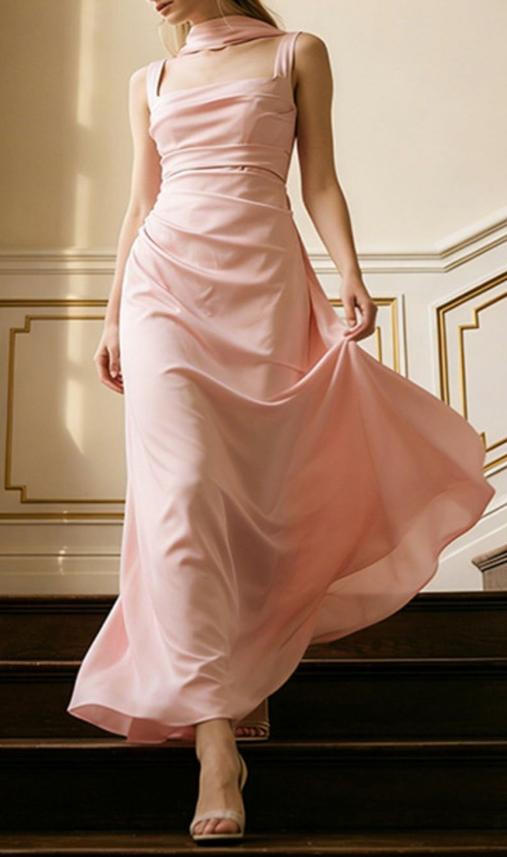 Kendria Blush Pink Satin Maxi Gown with Draped Scarf Detail