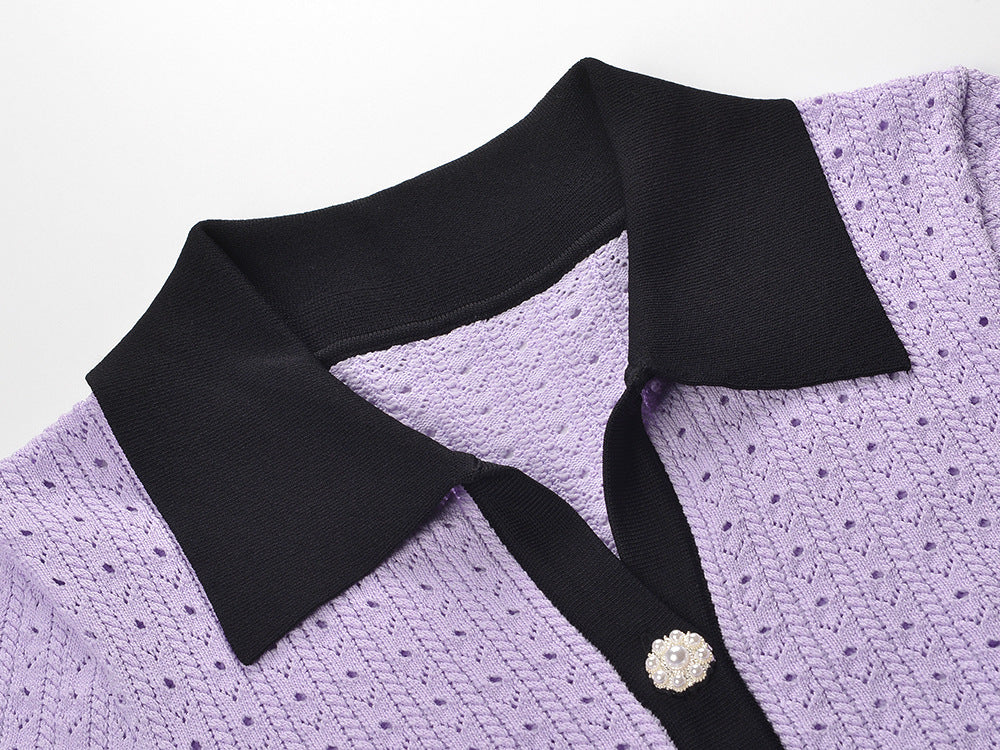 Chic Lilac Pointelle Knit Mini Polo Dress with Pearl Buttons